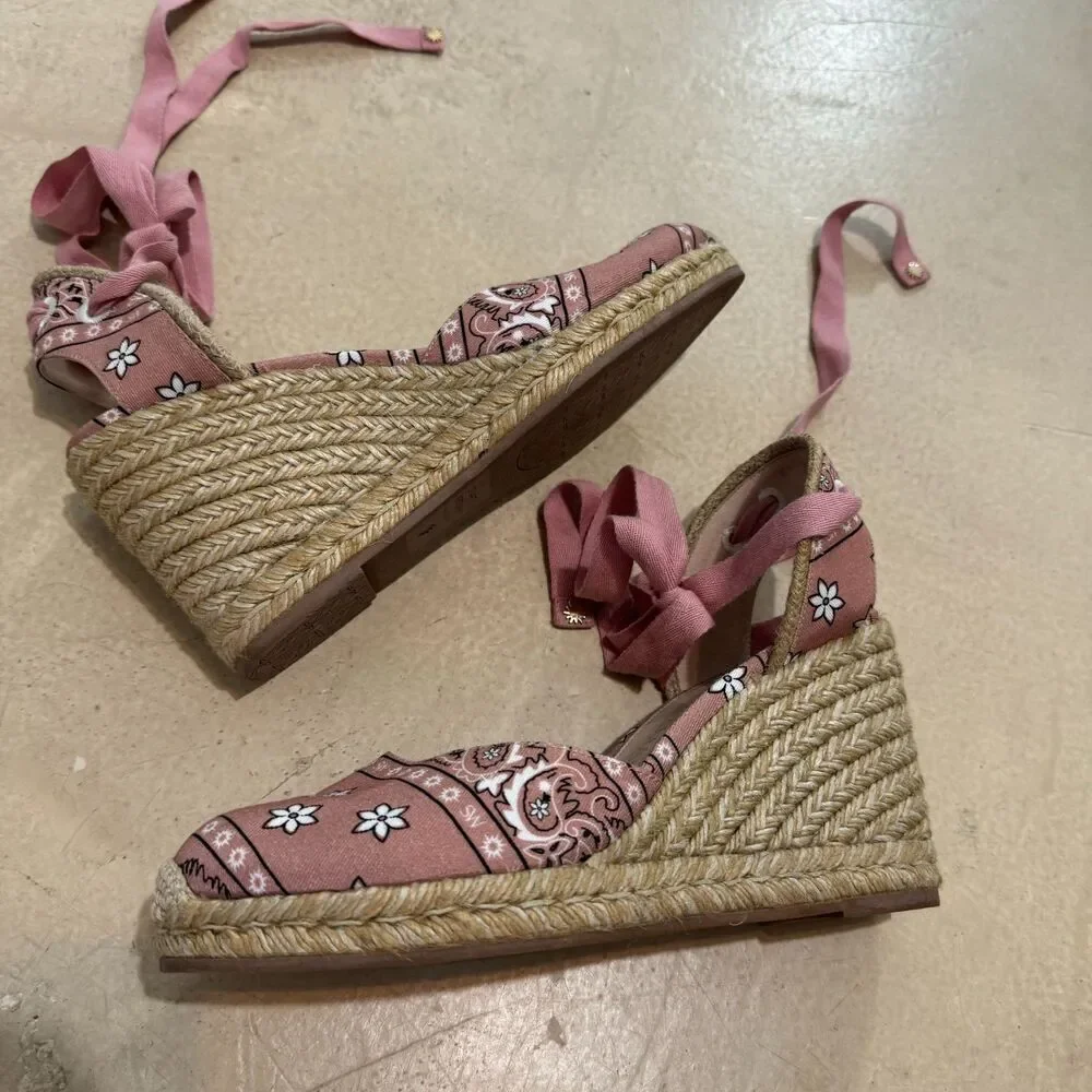 Stuart Weitzman Sandals Wedge Espadrille Bandana Print Pink Women sz 8.5